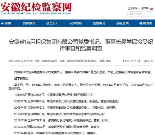 安徽省信用擔(dān)保集團(tuán)黨委書記 董事長吳學(xué)民被查